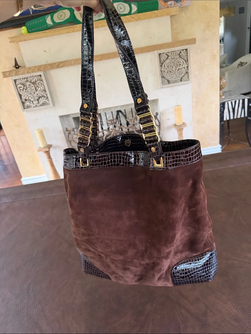 Tory Burch Brown Suede Tote with Croc-Trim and Gold Accent GREAT CONDITION